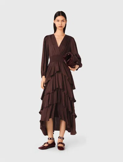 Maje Flowy Ruffled Maxi Dress In Brown