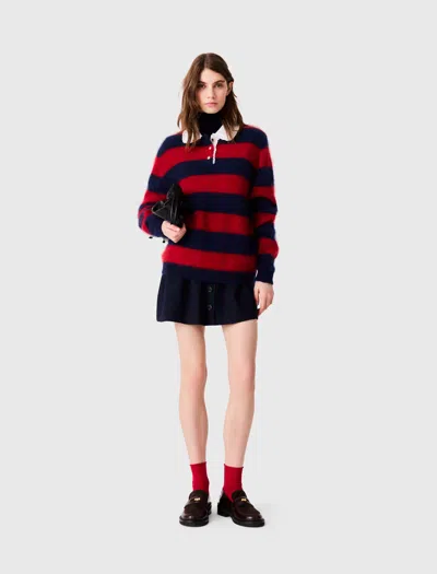 Maje Fluffy Jumper With Poplin Collar In Navy/red