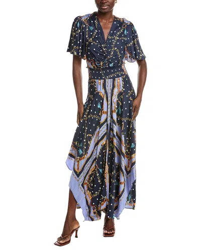 Maje Ruched Printed Crepe Maxi Dress In Blue