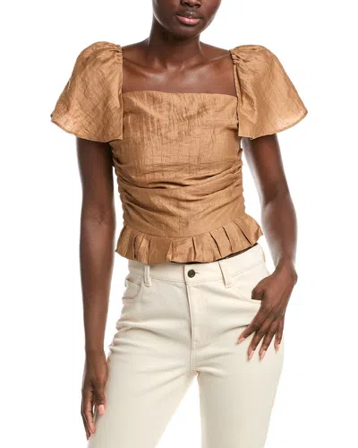 Maje Flutter Sleeve Linen-blend Top In Brown