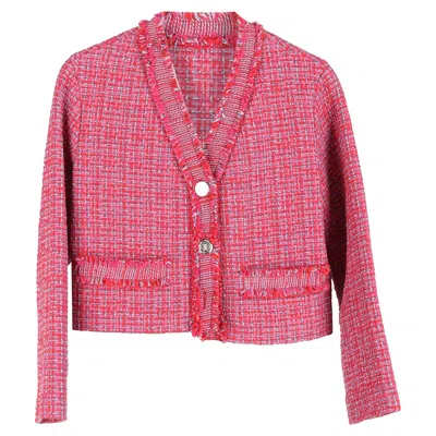 Maje Frayed Tweed Cropped Blazer In Pink Polyamide