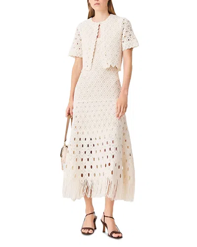 Maje Fringed Crochet Crewneck Cardigan In Neutral