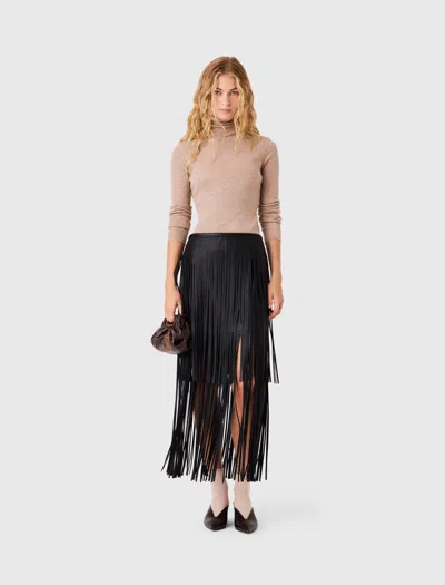 Maje Fringed Faux Leather Skirt In Black