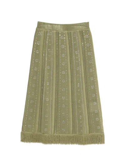 Maje Fringed Floral Midi Skirt In Green