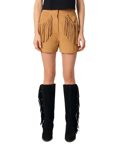 Maje Fringed Nubuck Shorts In Beige