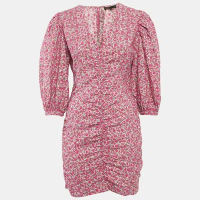 Pre-owned Maje Fuchsia Pink Floral Print And Embroidery Puff Sleeve Mini Dress L