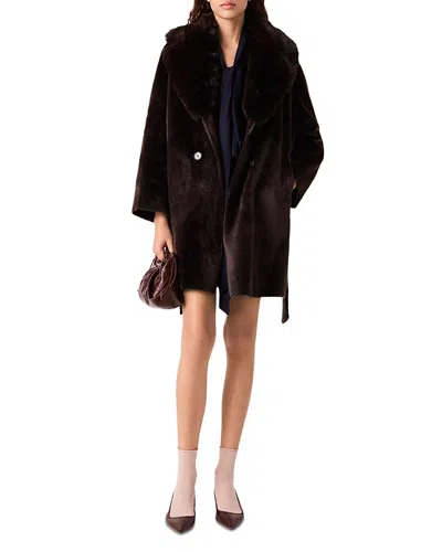 Maje Gederic Mid Length Faux Fur Coat In Burgundy