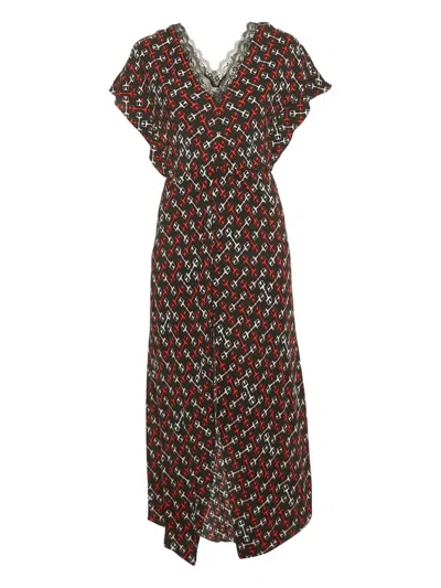 Pre-owned Maje Geometric Lace-trim Midi Dress In Black