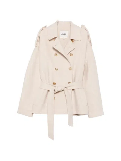 Maje Germain Double-breasted Belted Coat In Neutral