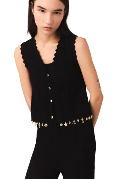Maje Gold Tone Embellished Knit Cardigan In Black
