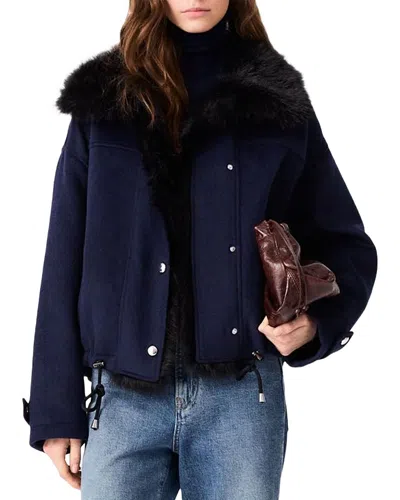 Maje Gracienne Faux Fur Trim Coat In Blue