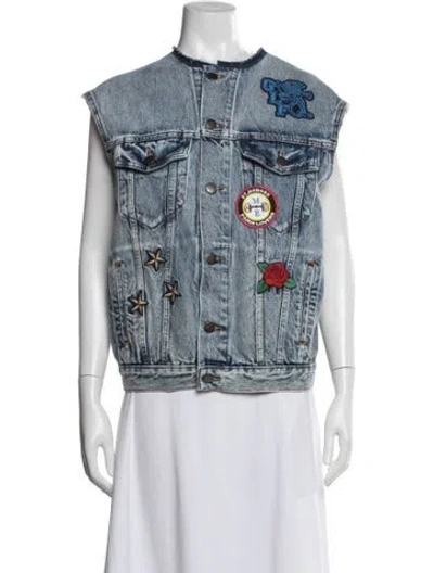 Pre-owned Maje Graphic Print Denim Jacket W/ Tags In Blue