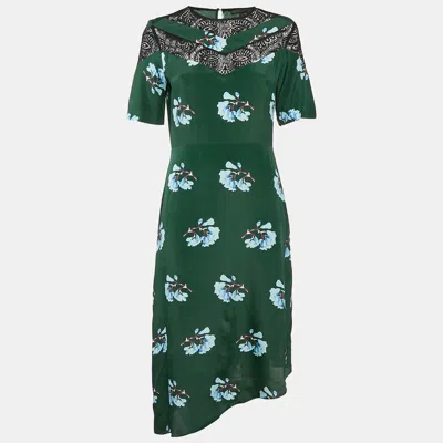 Pre-owned Maje Green Floral Print Lace Trim Crepe Asymmetric Midi Dress M