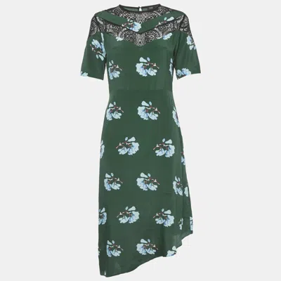 Pre-owned Maje Green Floral Print Lace Trim Crepe Asymmetric Midi Dress M