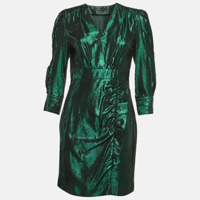 Pre-owned Maje Green Herringbone Lurex Frilled Mini Dress L