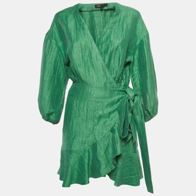 Pre-owned Maje Green Linen Ruffled Mini Wrap Dress Xs