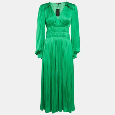 Pre-owned Maje Green Satin Ruffled Midi Dress S