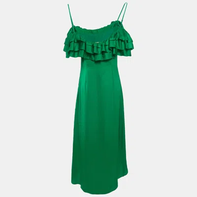 Pre-owned Maje Green Satin Ruffled Rovanta Midi Dress L