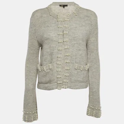 Pre-owned Maje Grey Pearl Embellished Knit Cardigan S In Gray