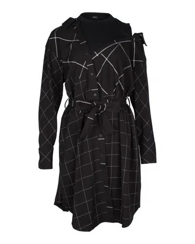 Maje Grid Print Cold Shoulder Button Down Midi Dress In Black Polyester