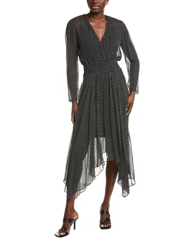 Maje Asymmetric Polka-dot Chiffon Midi Dress In Black