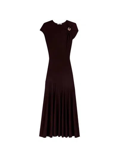 Maje Heart-buckle Flared Knitted Dress In Brown