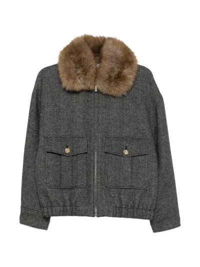 Maje Herringbone Faux-fur Collar Jacket In Gray