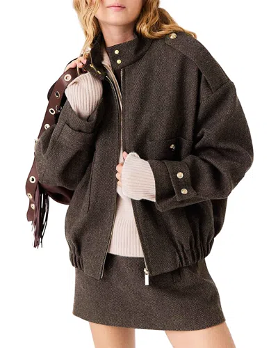 Maje Womens Herringbone Oversized-fit Wool-blend Jacket Dark Brown