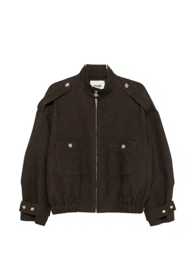 Maje Herringbone-pattern Stand-up Collar Jacket In Brown