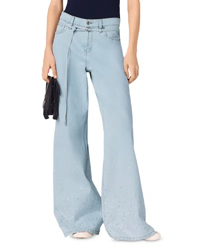 Maje High Rise Wide Leg Rhinestone Jeans In Blue Sky