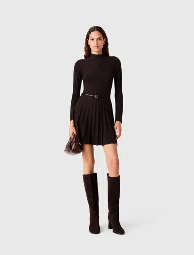 Maje High-neck Short Skater Dress In Dark Brown