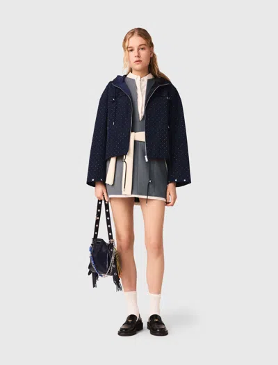 Maje Hooded Windbreaker With Rhinestones In Blue