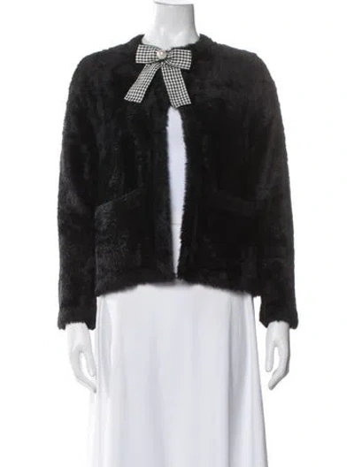 Pre-owned Maje Houndstooth Print Faux Fur Jacket W/ Tags In Black
