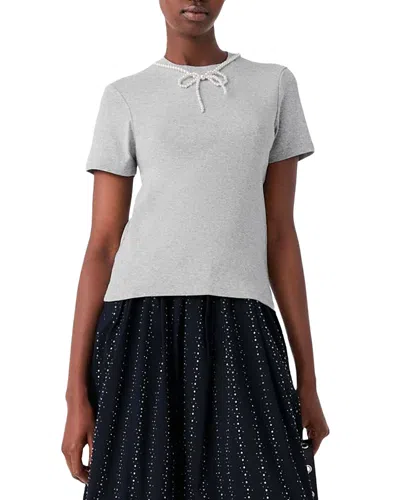 Maje Imitation Pearl Beaded Collar Tee In Gray
