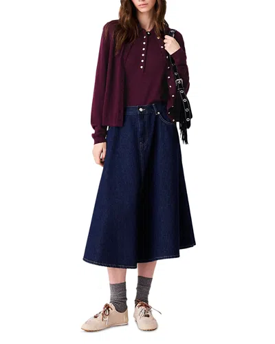 Maje Jamy Denim Flared Midi Skirt In Navy In Blue