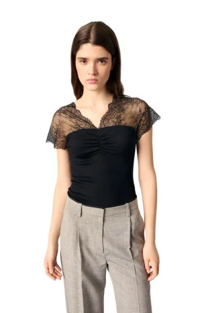 Maje Jersey Top With Lace Trim In Black