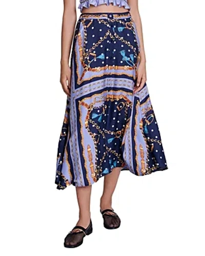 Maje Satin-effect Patterned Short Skirt In Chain Scarf Print Blue /