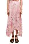 Maje Asymmetric Pleated Printed Satin Midi Skirt In Pink