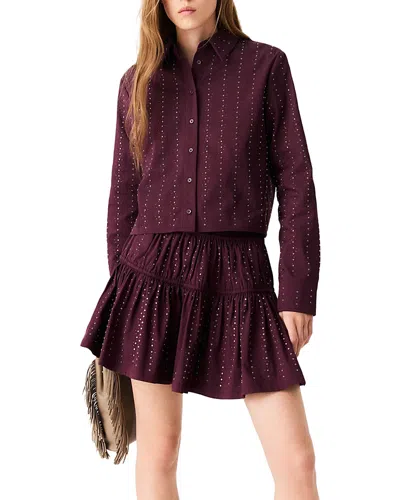 Maje Joleon Rhinestone Trim Tiered Flared Skirt In Burgundy
