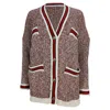 MAJE KNITTED BUTTON-FRONT CARDIGAN IN RED AND WHITE COTTON BLEND