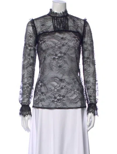 Pre-owned Maje Lace Pattern Mock Neck Blouse W/ Tags In Black