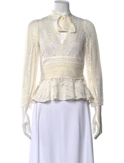 Pre-owned Maje Lace Pattern Tie Neck Blouse In Neutrals/white