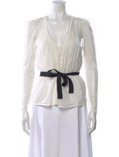 Pre-owned Maje Lace Pattern V-neck Blouse In White