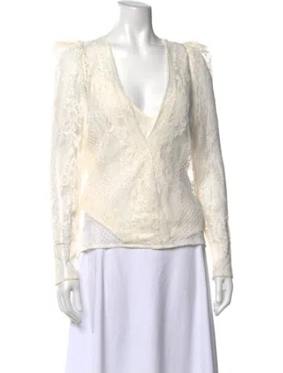 Pre-owned Maje Lace Pattern V-neck Blouse In White