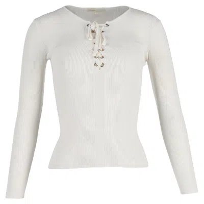 Maje Lace-up Ribbed Stretch-knit Sweater In White Viscose