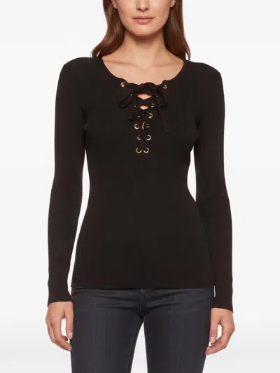 Pre-owned Maje Lace-up Rib-knit Top In Black