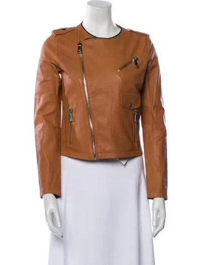 Pre-owned Maje Lamb Leather Biker Jacket In Brown