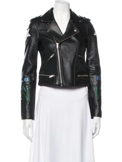 Pre-owned Maje Lamb Leather Graphic Print Biker Jacket In Black