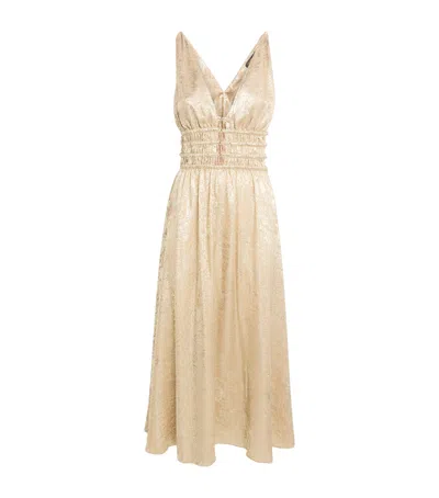 Maje Lamé Shirred Midi Dress In Gold