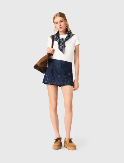Maje Layered Effect Embroidered Denim Skort In Blue